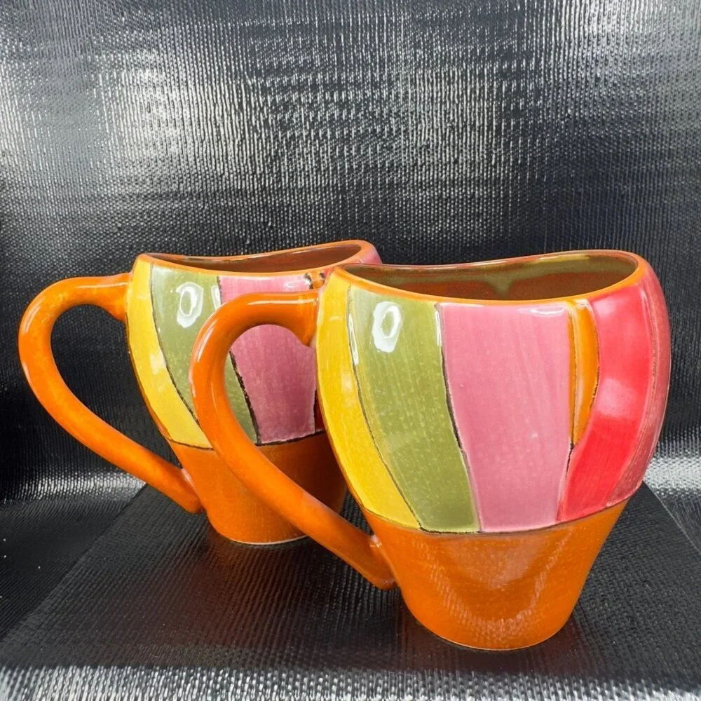 Pier 1 Wavy Stripe Pattern Coffee Mug Cup Set 2 Mugs Cups Oval Multicolored Mugs
